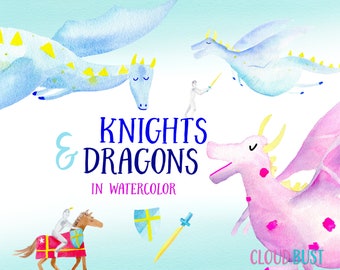 Dragon clipart, Knight Clipart, Fairytale clipart, Boys Birthday invitation, watercolor clipart