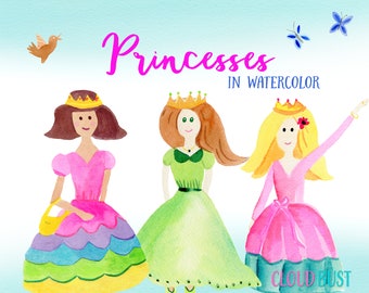 Princess clipart, Little Girl Clipart, Crown Clipart, Watercolor Princess Clipart, Princess Party, Fairytale clipart