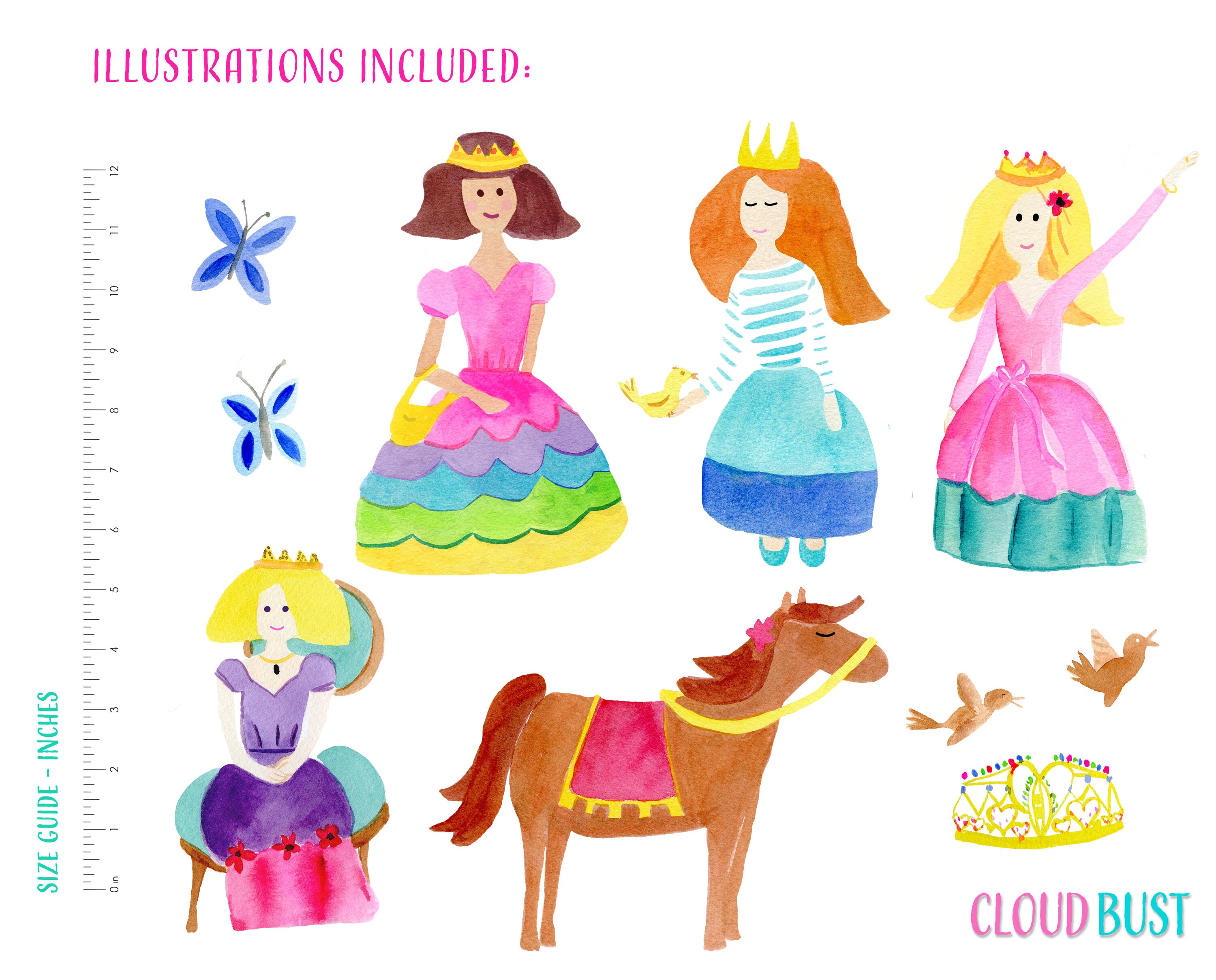 Princess Clipart, Little Girl Clipart, Crown Clipart, Watercolor ...