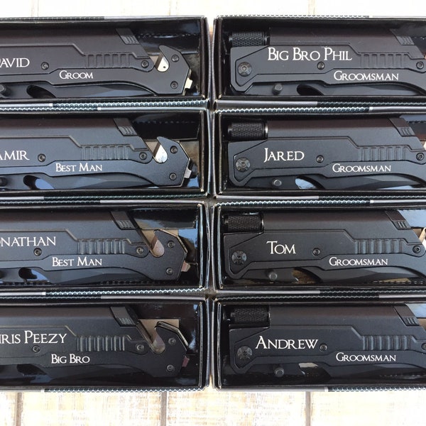 Groomsmen Gifts Set Personalized Groomsmen Gift Ideas Wedding Party Gifts, Engraved Tactical Knife w/ Flashlight, Bottle Opener Belt Cutter