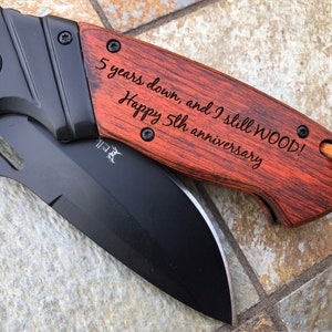 Engraved Wood Handle Knife, Wood 5 Year Anniversary Gift for Him