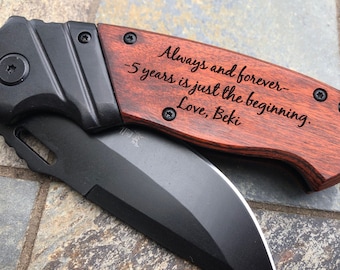 5th Anniversary, 1st Anniversary Gift for Him, 3rd Anniversary Gifts for Boyfriend, Mens Gift Personalized Engraved Pocket Knife Wood Handle