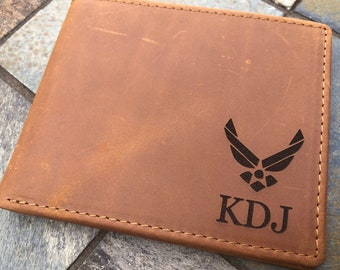 Men's Slim Wallet Crazy Horse Leather: Air Force Logo, RFID Blocking