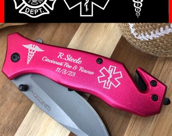 Personalized Rescue Pocket Knife: EMT- First Responders Serrated Blade - Seatbelt Cutter