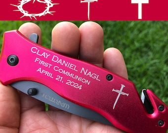 Confirmation Gifts for Boys Baptism Gift, First Communion Gift, Godfather Gift, Sponsor Gift, Personalized Engraved Rescue Pocket Knife