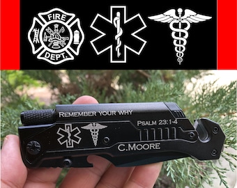 EMT Gifts, First Responder Birthday Gifts, Firefighter Star of Life, Fathers Day Gift, Gifts for Him, Multifunction Pocket Knife w/ LED  -