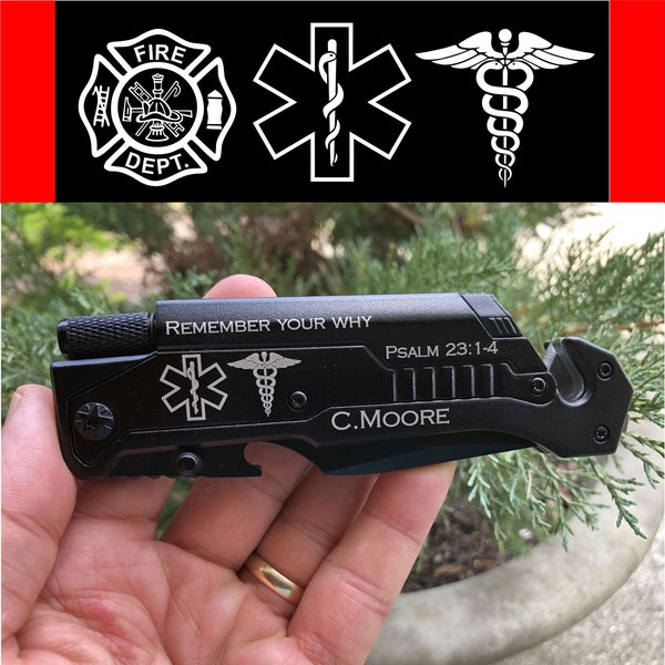 EMT Gifts, First Responder Birthday Gifts, Firefighter Star of Life, Fathers Day Gift, Gifts for Him, Multifunction Pocket Knife w/ LED  -