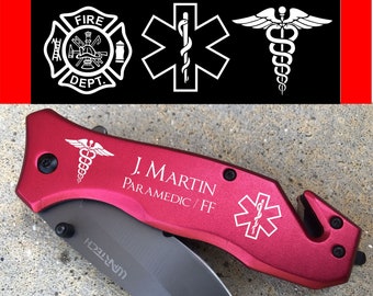 EMT Week Gifts, Star of Life Paramedic EMS Firefighter Gifts, Fathers Day Gift from Daughter, Firefighter Dad, Firemen Engraved Pocket Knife