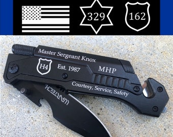 Personalized Police Officer Pocket Knife: Engraved Law Enforcement Gift, Flag, Badge or Star