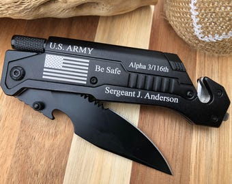 Engraved Multifunction Pocket Knife with Flashlight: Military Gift
