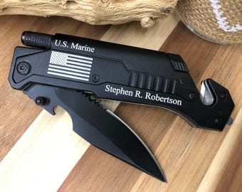 Engraved Multifunction Pocket Knife with Flashlight: Military Gift