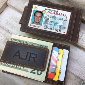 Regalos de graduación, pinzas para billetes para hombre, regalo de aniversario para el esposo, billetera con pinza para billetes de cuero genuino de vaca grabado con ventana para identificación.