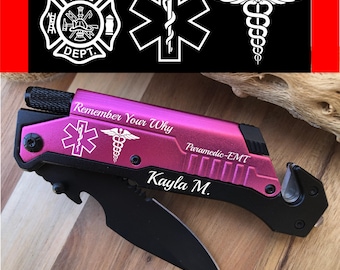 Pink Pocket Multi Purpose Rescue Knife: LED Light, Glass Breaker, Fire Starter