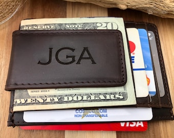 Personalized Magnetic Clip Leather Money Card Holder with ID Window