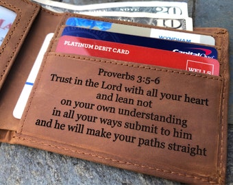 Mens Wallet Personalized, Bible Verse Gifts, Inspirational Gifts for Him, Engraved Crazy Horse Leather RFID Wallet for Men Fathers Day Gift