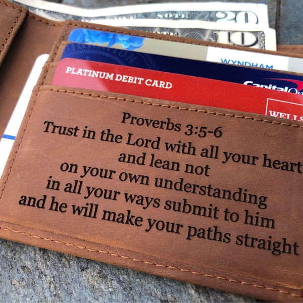 Mens Wallet Personalized, Bible Verse Gifts, Inspirational Gifts for Him, Engraved Crazy Horse Leather RFID Wallet for Men Fathers Day Gift