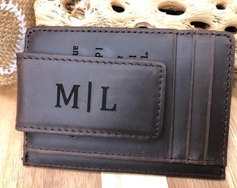 Engraved Leather Magnetic RFID Money Clip: Coffee Brown Color