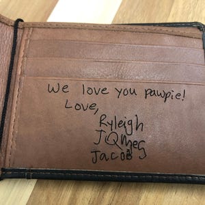 Billetera personalizada para el Día del Padre, regalo para hombres, regalo escrito a mano por los niños, regalo para el abuelo, billetera de cuero genuino con bloqueo RFID