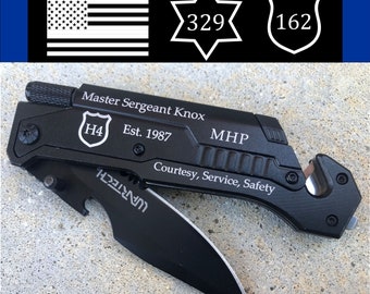 Personalized Police Officer Pocket Knife with LED, Glass Breaker - Multi-tool Pocket Knife, Law Enforcement, Border Patrol, Sheriff Gift