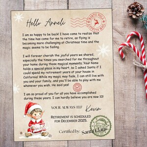 May include: A festive letter from Santa's elf, Kevin, to Anneli, announcing his retirement in December 2025. The letter is on aged paper with a North Pole Express Mail stamp, snowflakes, and a Santa Claus Post seal. A cartoon elf is at the bottom.