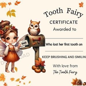 Peut inclure: Un certificat de la fée des dents, avec une illustration d'une fée ailée tenant une lettre et se tenant à côté d'une boîte aux lettres. Le certificat est décoré de feuilles d'automne et d'un petit hibou.
