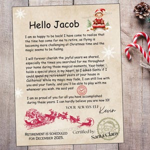 May include: A letter to Jacob with the text "Hello Jacob" at the top. The letter is signed by Kevin the Elf and Santa Claus. The letter mentions retirement in December 2025. The letter is decorated with snowflakes and a Santa Claus illustration.
