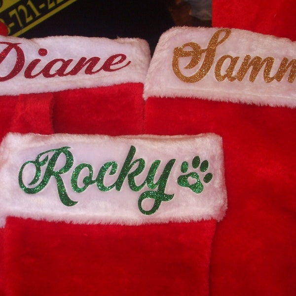 Personalized Red Plush Christmas Stocking, Personalized Glitter St. Nick Stocking, Custom Christmas Stocking, Personalized Dog/Cat Stocking