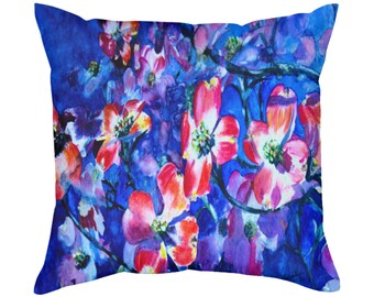 Blue with Red Flowers Throw Pillow Unique Gifts blue Pillows for Couch floral pillows Artsy pillow flower pillow botanical pillow red pillow