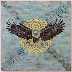 May include: Square canvas art featuring an eagle with outstretched wings, centered over a geometric golden sphere. The background has a textured, abstract design in shades of blue and gray. The artwork is displayed on a pink wall.