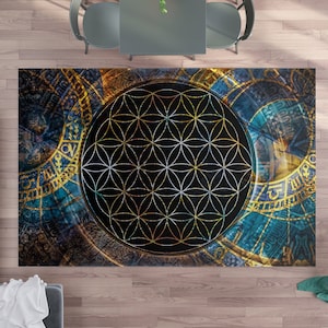 Sacred Geometry Rug flower of life Rug spiritual Rug black Floor Rug 4x6 5x7 Large rugs sacred geometry decor zodiac rug gold
