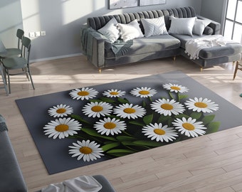 Daisy Rug Gray white Rug Daisies Floor Rugs 3'x5' 4'x6' 5'x7' 8' x 10' Large rugs