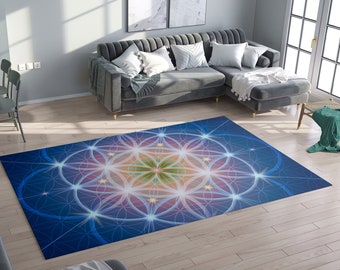 ブルーの神聖幾何学模様のラグ、パープルのラグ、クリスタルグリッドのスピリチュアルなラグ、フラワーオブライフのフロアラグマット、3x5、4x6の大型ラグ