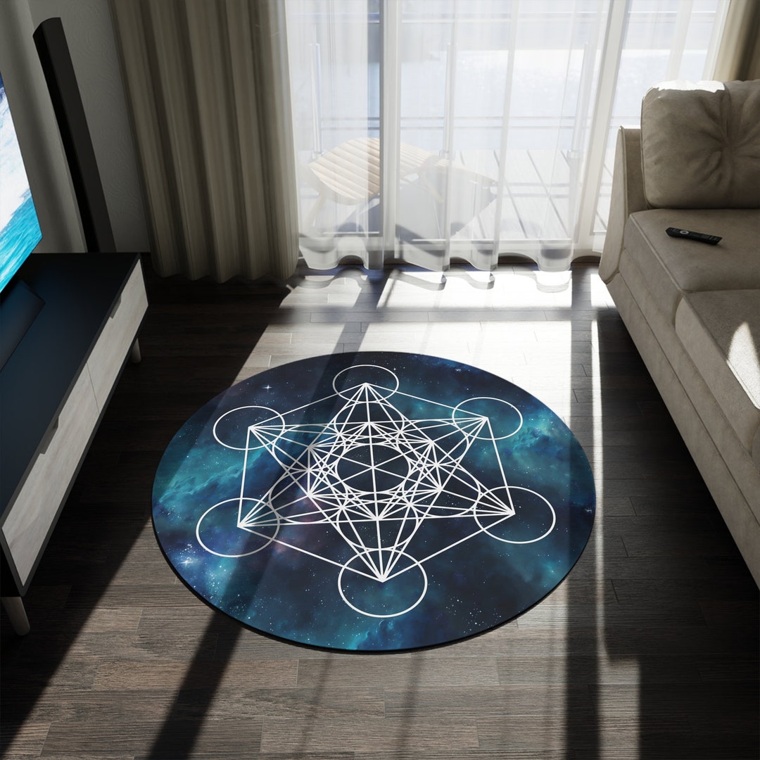 Metatron's Cube Round Rug 5FT Sacred Geometry Rug Galaxy Rug Blue ...