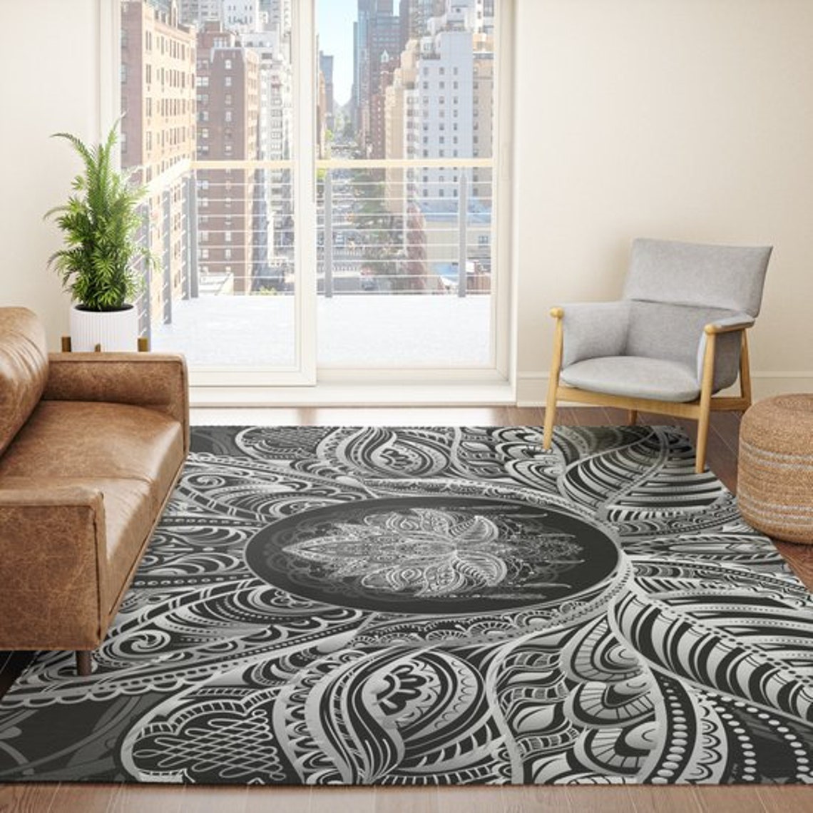 Lotus Rug Black & White Rug Spiritual Rug Gray Floor Rug 3x5 Etsy