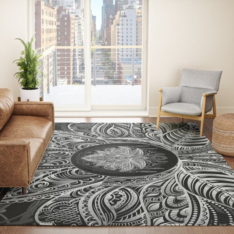 Lotus Rug Black & White Rug Spiritual Rug Gray Floor Rug 3x5 Etsy