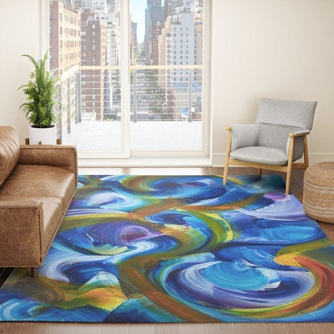 Abstract Art Rug Blue Rugs Swirly Unique Rugs 2x3 3x5 4x6 5x7 Etsy