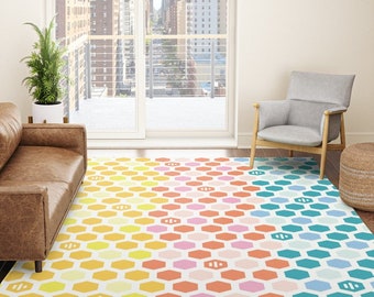 Colorful Hexagons Rug Rug  3'x5' 4'x6' 5'x7' 8x10' 9x12' Large orange pink yellow blue area rug