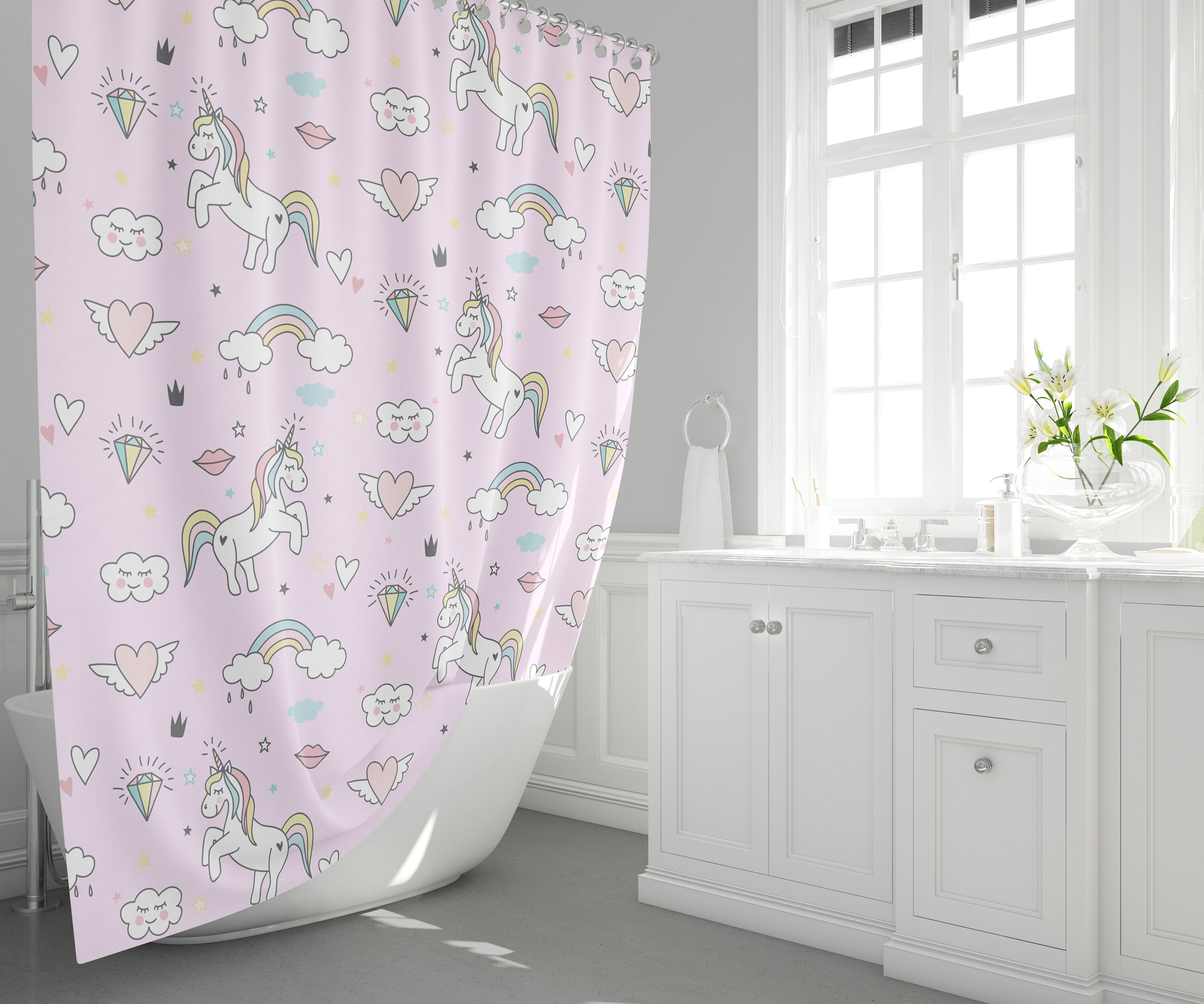 Floral Rose Pink Unicorn Girly Modern Bathroom Waterproof Bath Shower Curtain 