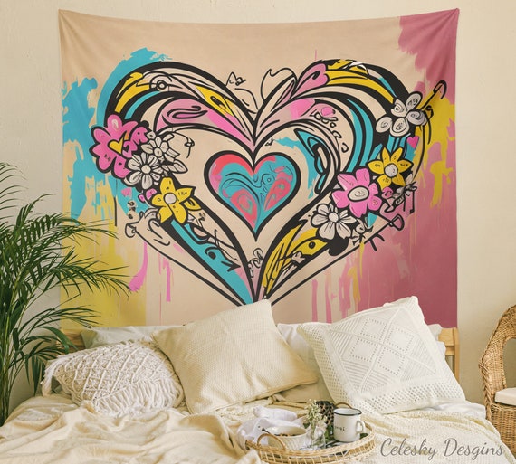 Hearts Tapestry Colorful Heart Love Wall Art Pink Abstract Heart Art Tapestry Hearts Tapestries Pink Blue Etsy