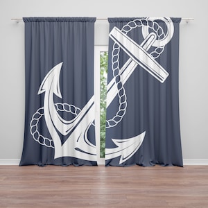 Anchor Window Curtains navy white nautical Drapery Curtain Panels anchors window treatment beach tropical decor