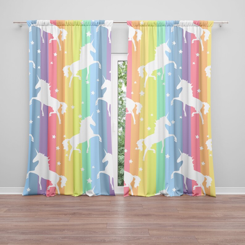Rainbow Unicorn Window Curtains Girly Drapery Unicorns Curtain Etsy