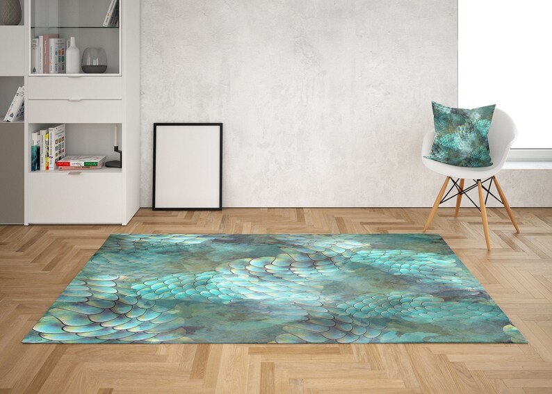 Mermaid Scales Area Rug Aqua Rugs Ocean Unique Fish Gift Gifts Teal Blue Decor