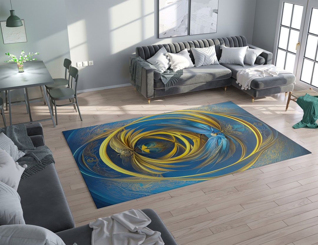 Abstract Blue Gold Rug Abstract Wings Rug Contemporary Modern Art Rugs ...