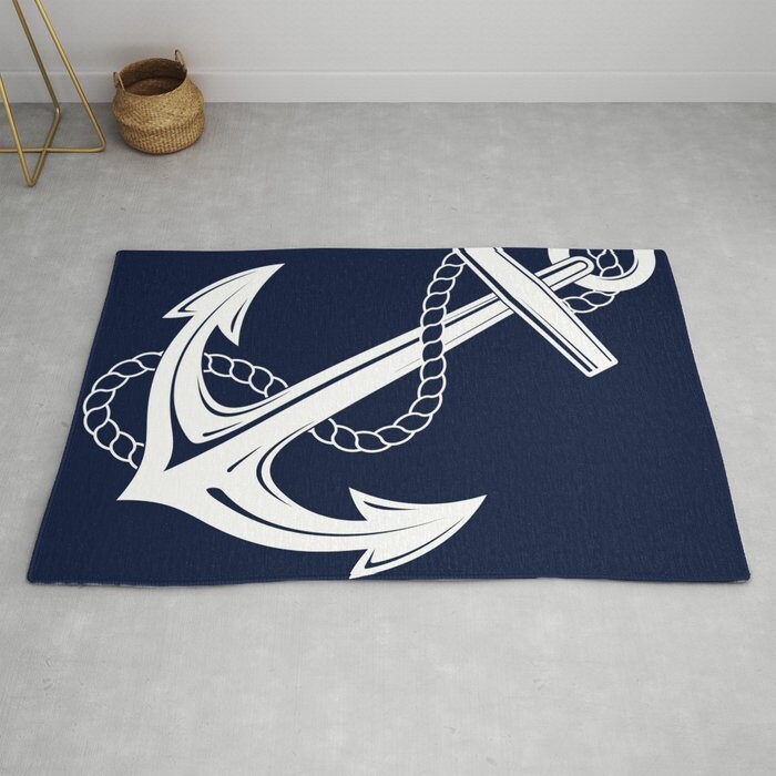 Anchor Rug nautical Rug boaters Rugs navy white Floor Rug Etsy