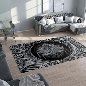 Lotus Rug Black & White Rug Spiritual Rug Gray Floor Rug 3x5 4x6 5x7 ...