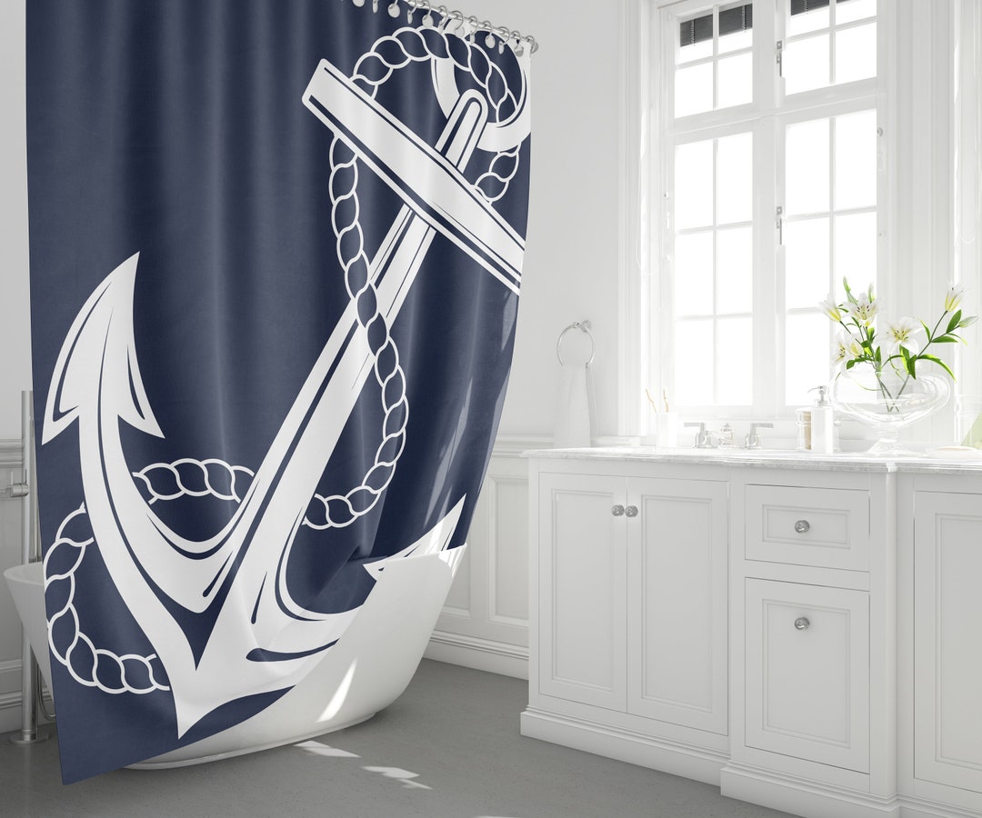 Nautical Shower Curtain Navy Anchor Shower Curtains Tropical Etsy