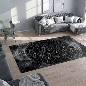 Sacred Geometry Rug flower of life Rug zodiac Rug black white gray Floor Rug 4x6 5x7 Large rugs neutral colors