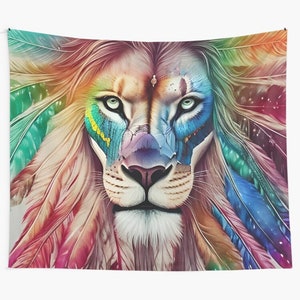 Lion Tapestry Lion with Feathers Wall Hanging lions Tapestries spirit animals Tapestry lion artwork