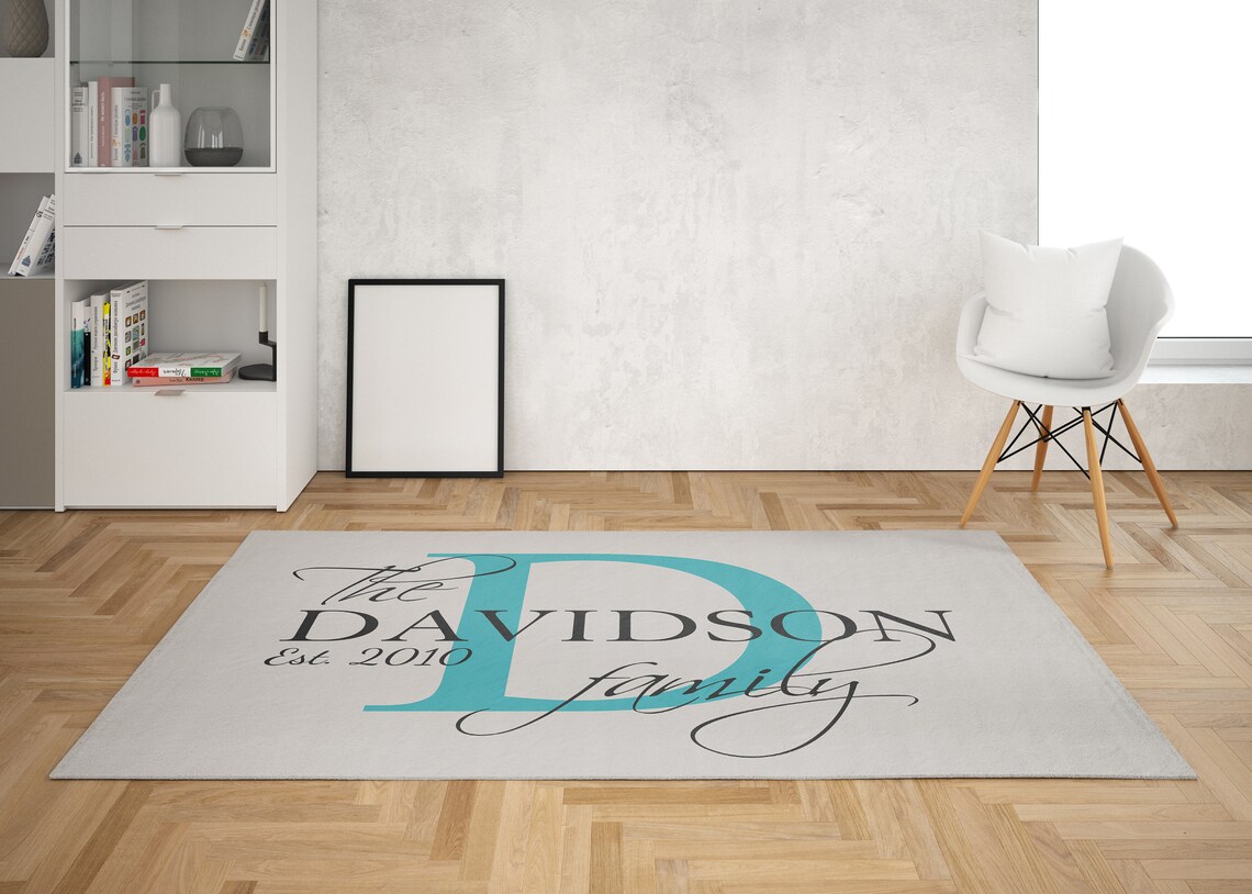 Custom Name Rug Monogram Rug Blue Floor Rug Gray Customized Etsy