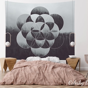 Sacred Geometry Gray Tapestry Flower of Life Tapestry Tapestry Woods Forest Trees